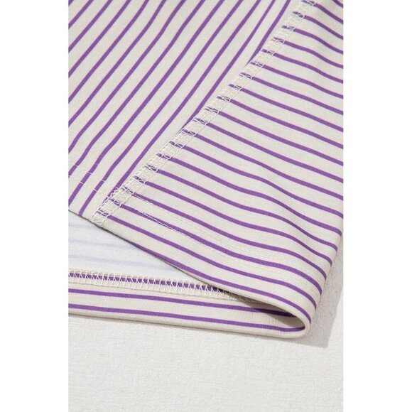 Purple Stripe Floral Color Block Raw Edge Patchwork Bracelet Sleeve Blouse - Picture 1 of 4